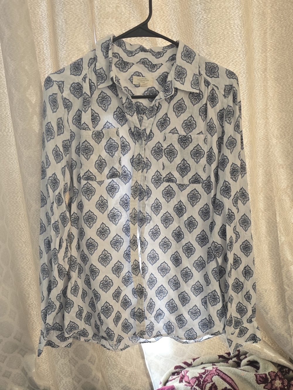 White Button-Down Shirt with Navy Medallion Print